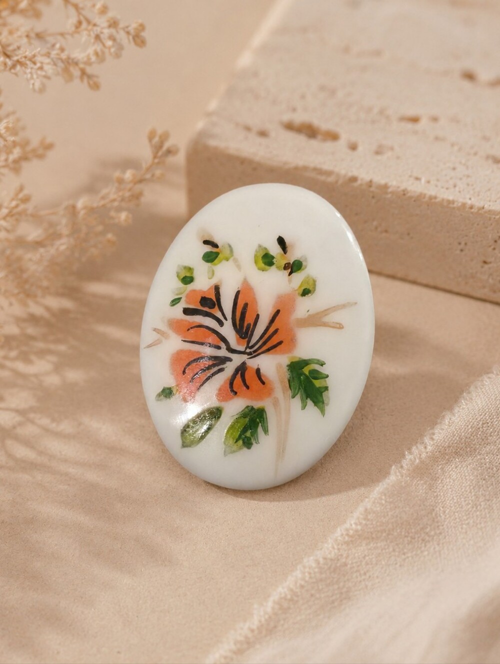 Vintage Hand-Painted Porcelain Floral Brooch | Mid-Century Artisan Jewelry